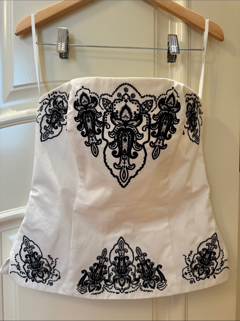 White House Black Market White Strapless Top with Black Embroidered Motifs